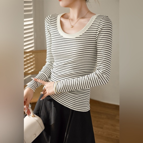 French Cotton White Strip Long Sleeve Top - Picture 3 of 5